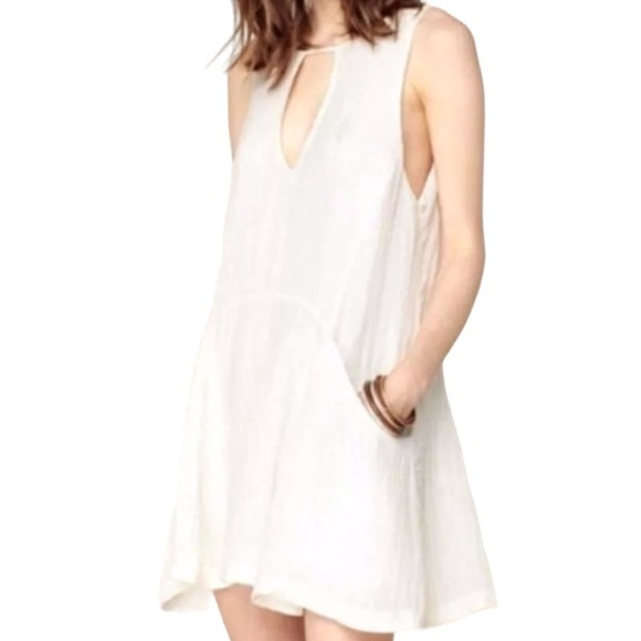 Free People FP Smooth Sailing White Linen Mini Dress Cover Up Sze Medium - Picture 2 of 11